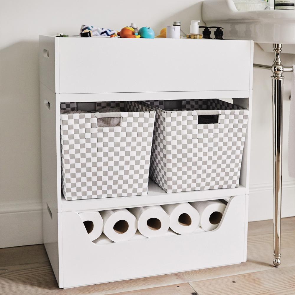 Rackham Storage Set 1 (Toy Box, Book Shelf & Tray) filled with bathroom essentials