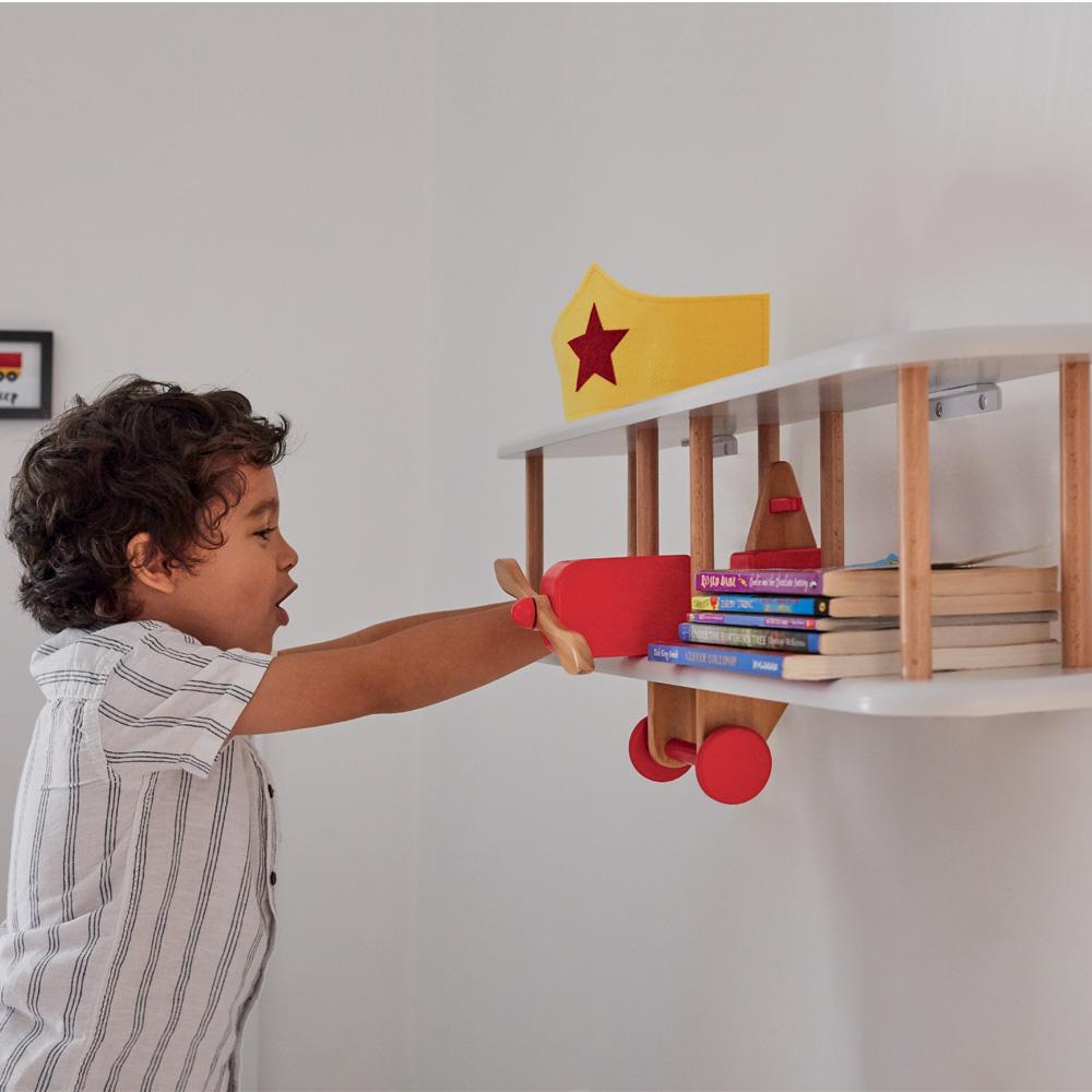 Floating Wooden Bi-Plane Shelf in Red & White