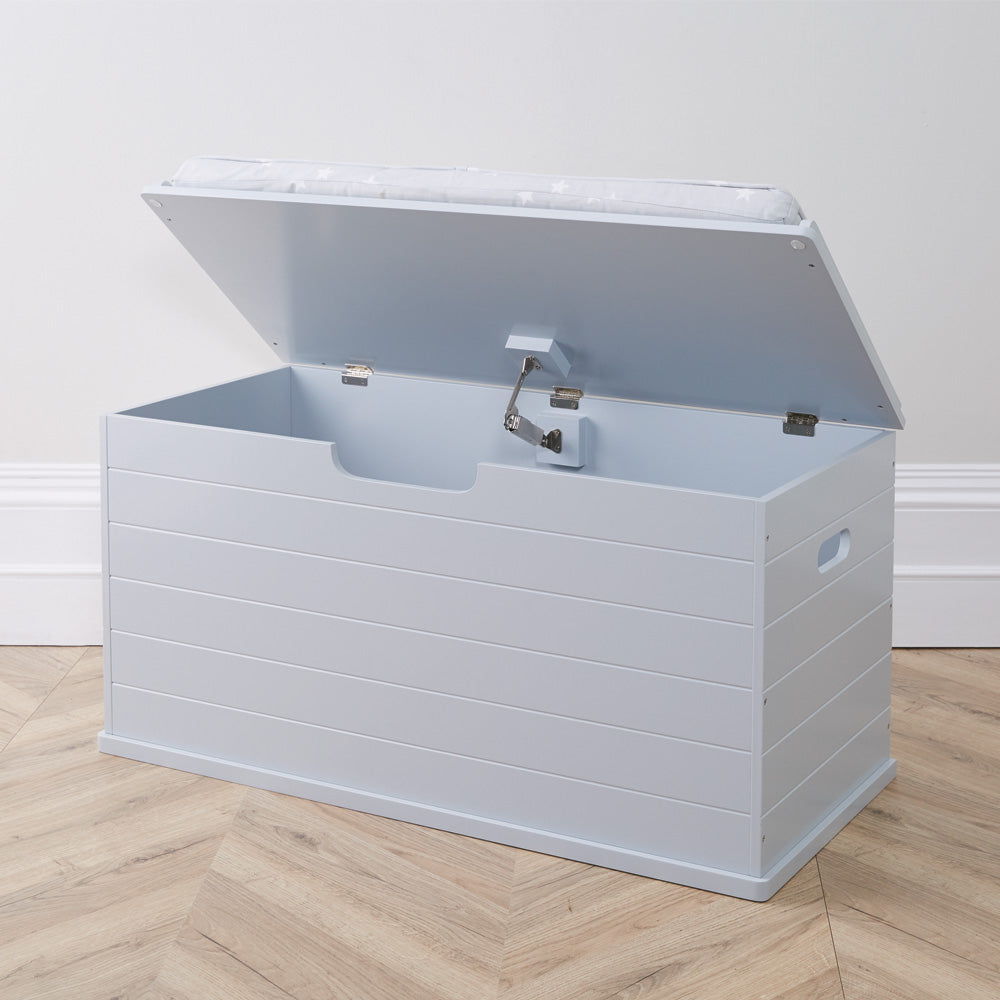 Grey large classic toy box with grey stardust cushion, open