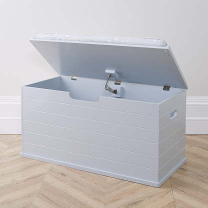 Grey large classic toy box with grey stardust cushion, open