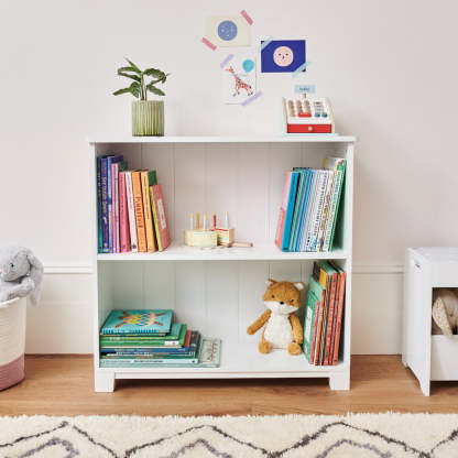 Crompton low bookcase with books and toys