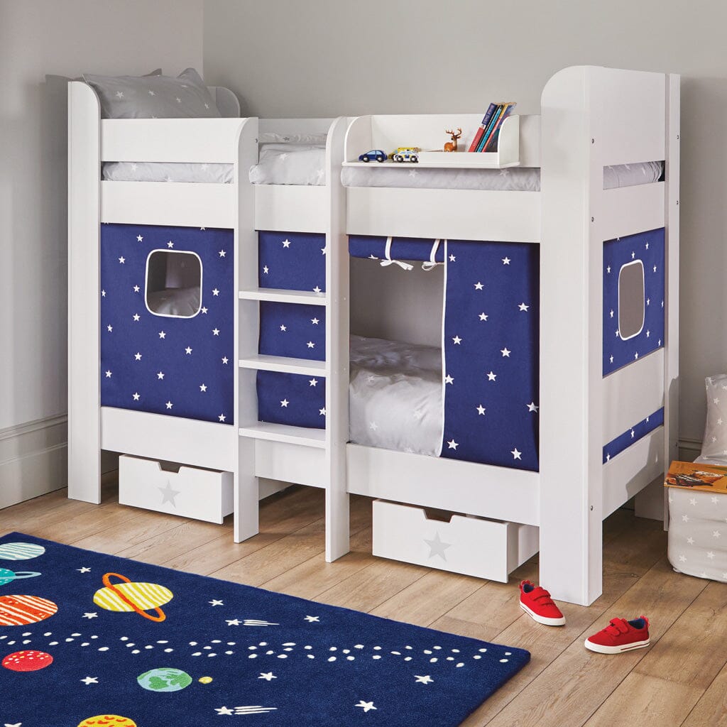 Paddington Bunk Bed, Navy Stardust Curtains