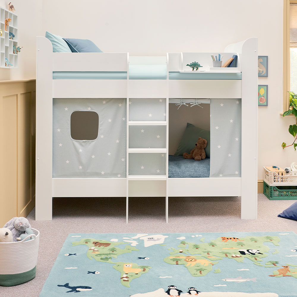 Paddington Bunk Bed, Grey Stardust Curtains