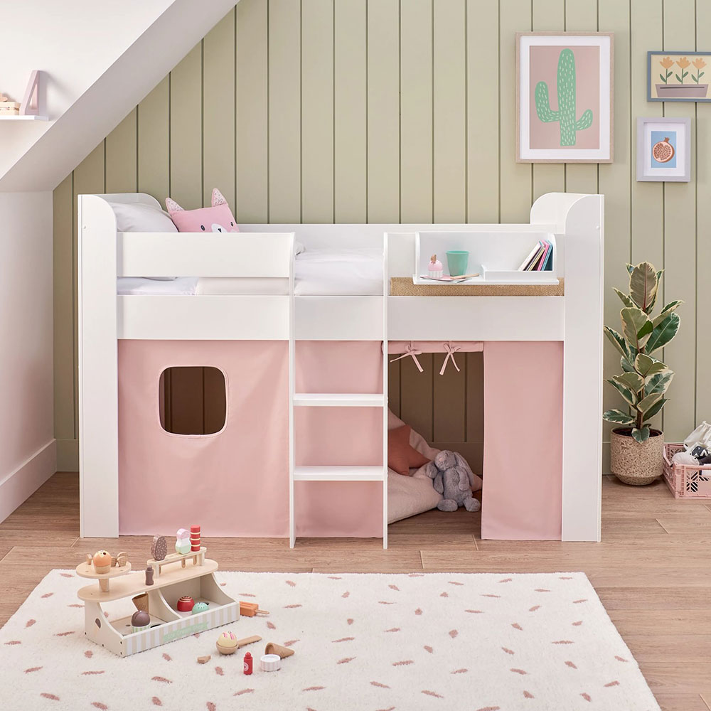 Paddington Mid Sleeper, Chalk Pink Bed Curtains