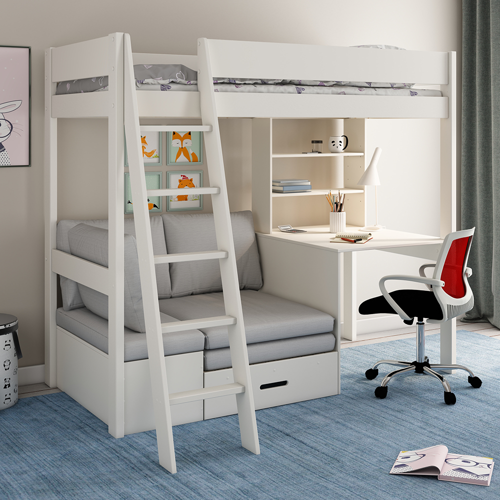 Voyager High Sleeper with Sofa, Desk & Storage, White with Silver Cushions